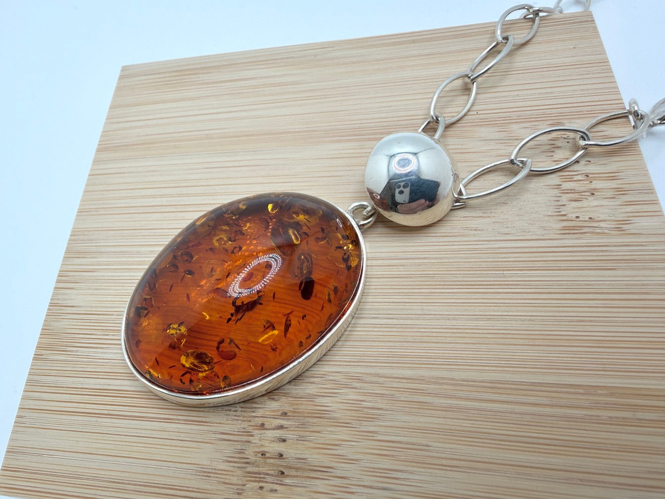 Sterling Silver & Genuine Baltic Amber Modern Pendant Necklace