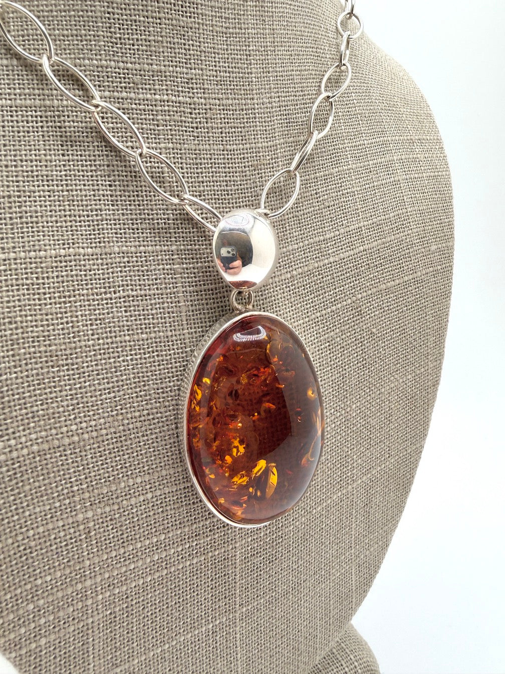 Sterling Silver & Genuine Baltic Amber Modern Pendant Necklace