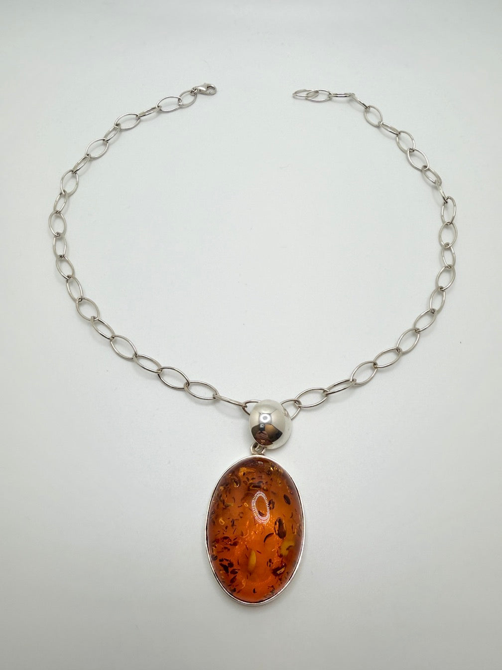 Sterling Silver & Genuine Baltic Amber Modern Pendant Necklace