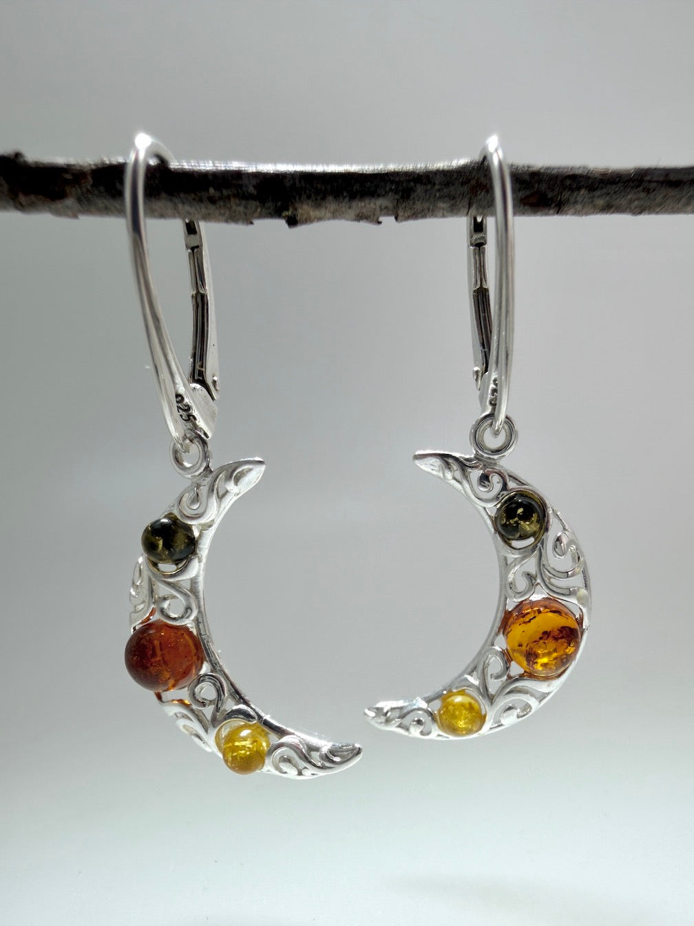 Sterling Silver & Genuine Baltic Amber Moon Drop Earrings