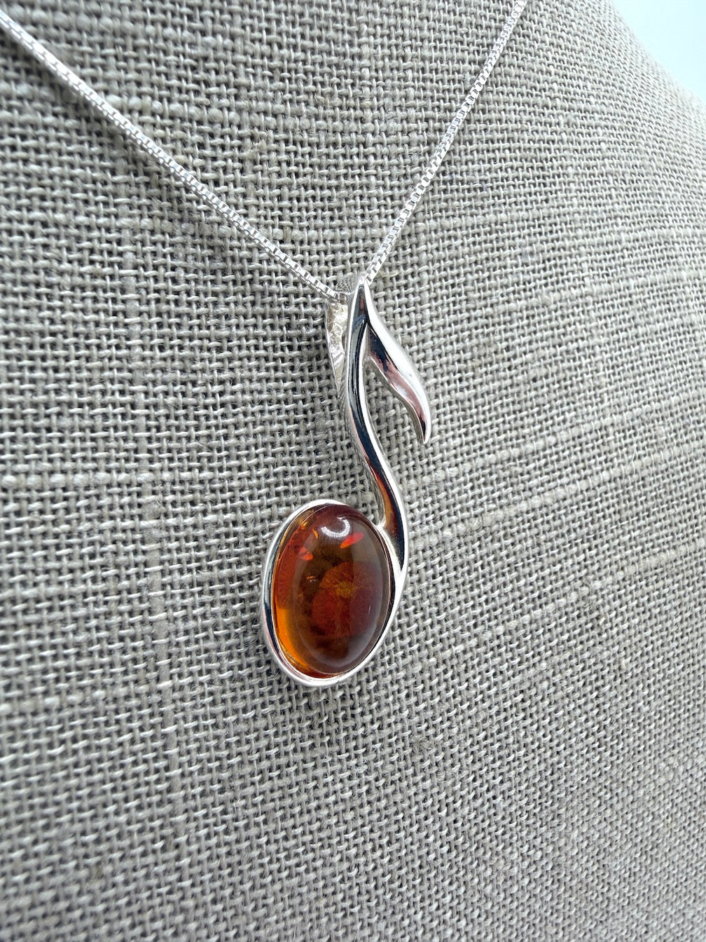 Sterling Silver & Genuine Baltic Amber Music Note Pendant – Shipped on Sterling Silver Box Chain