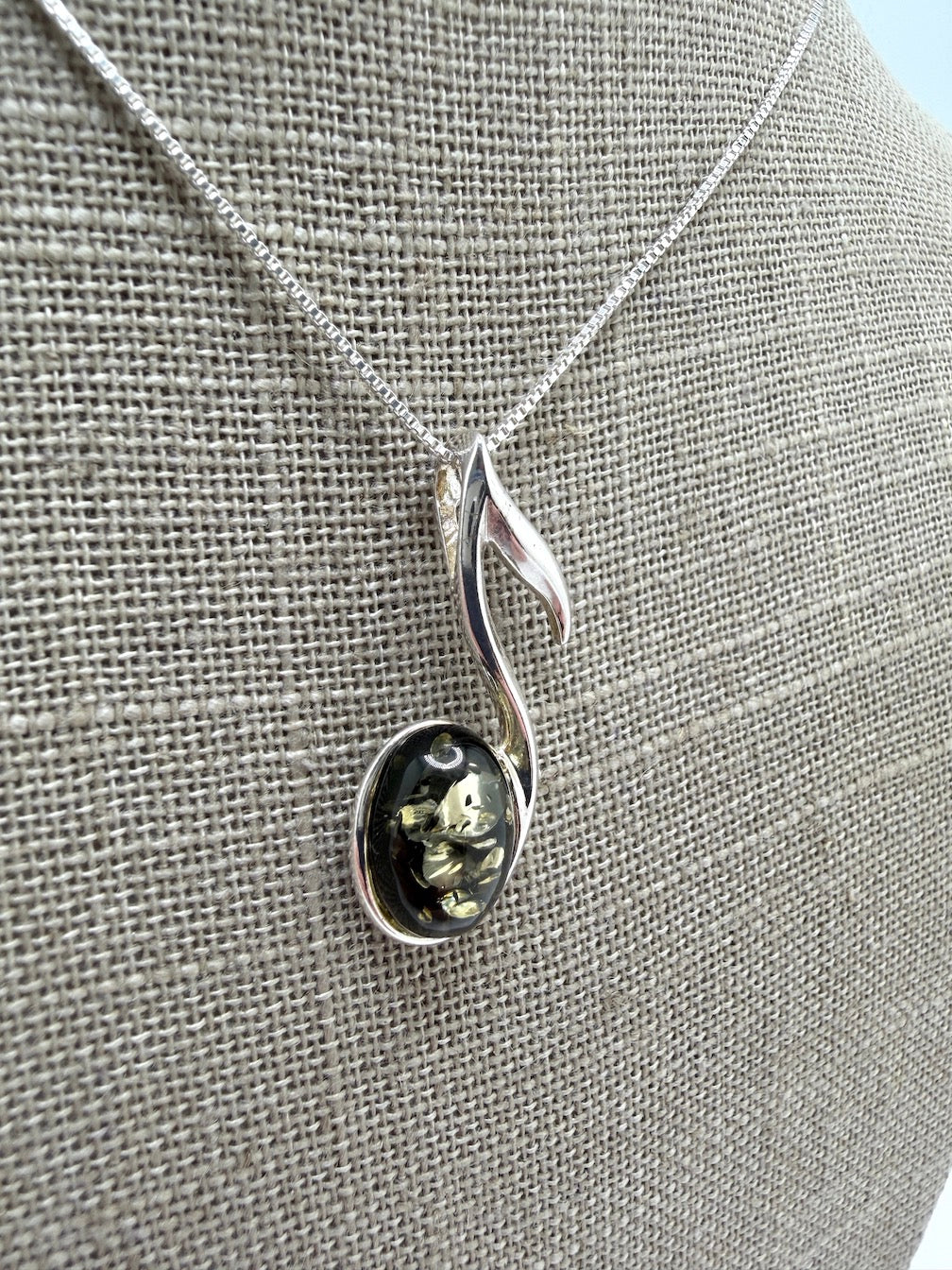 Sterling Silver & Genuine Baltic Amber Music Note Pendant – Shipped on Sterling Silver Box Chain