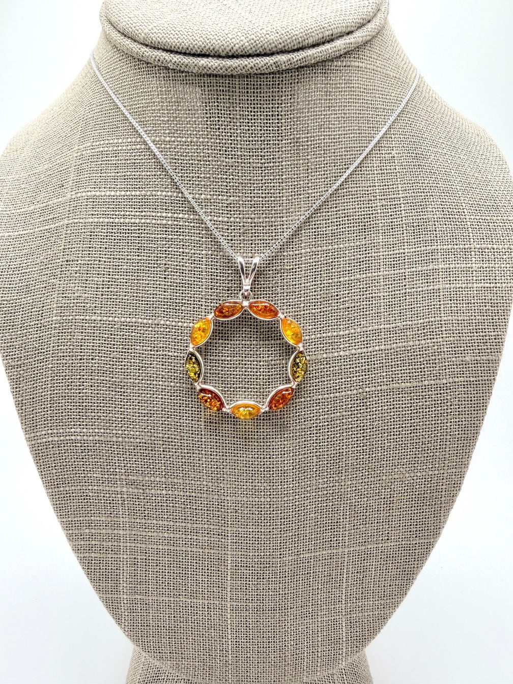 Sterling Silver & Genuine Baltic Amber Open Circle Pendant Necklace