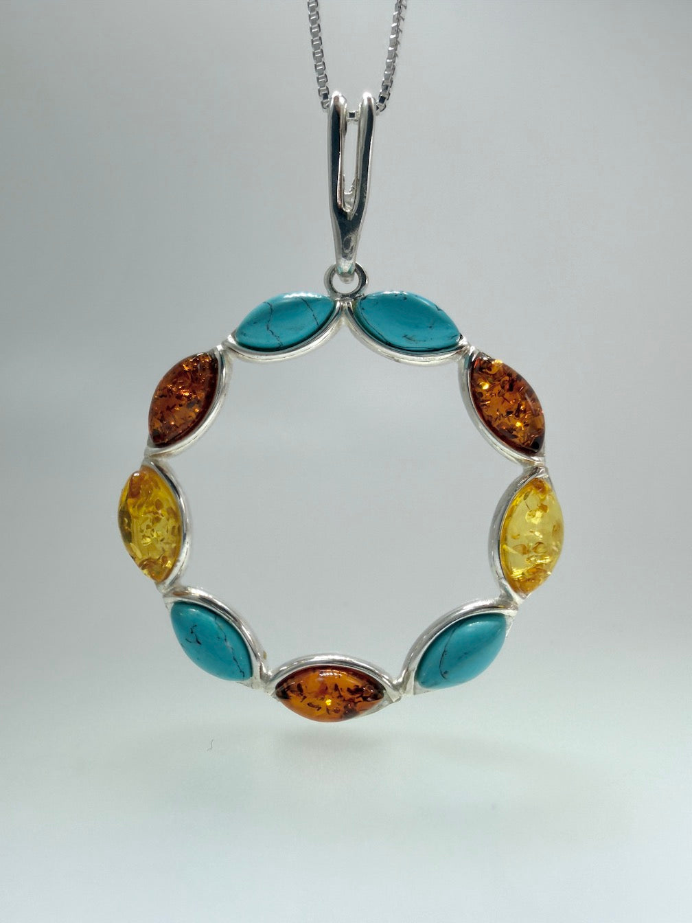 Sterling Silver & Genuine Baltic Amber Open Circle Pendant Necklace
