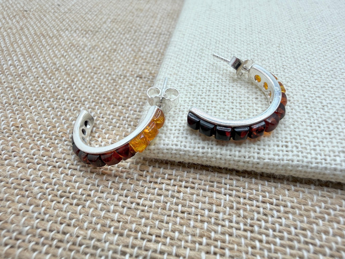 Sterling Silver & Genuine Baltic Amber Open Hoop Earrings Ombre Rainbow Color