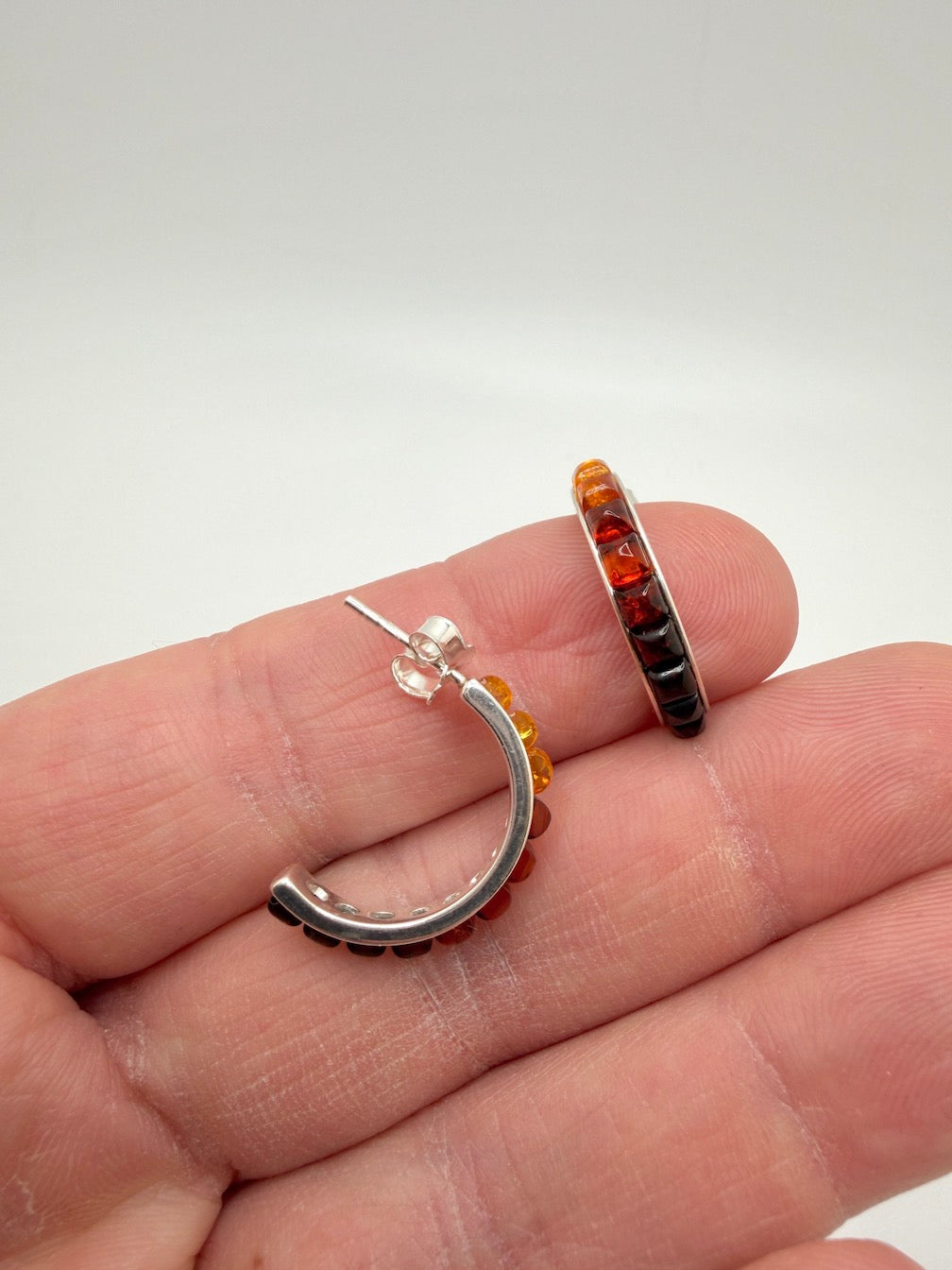 Sterling Silver & Genuine Baltic Amber Open Hoop Earrings Ombre Rainbow Color