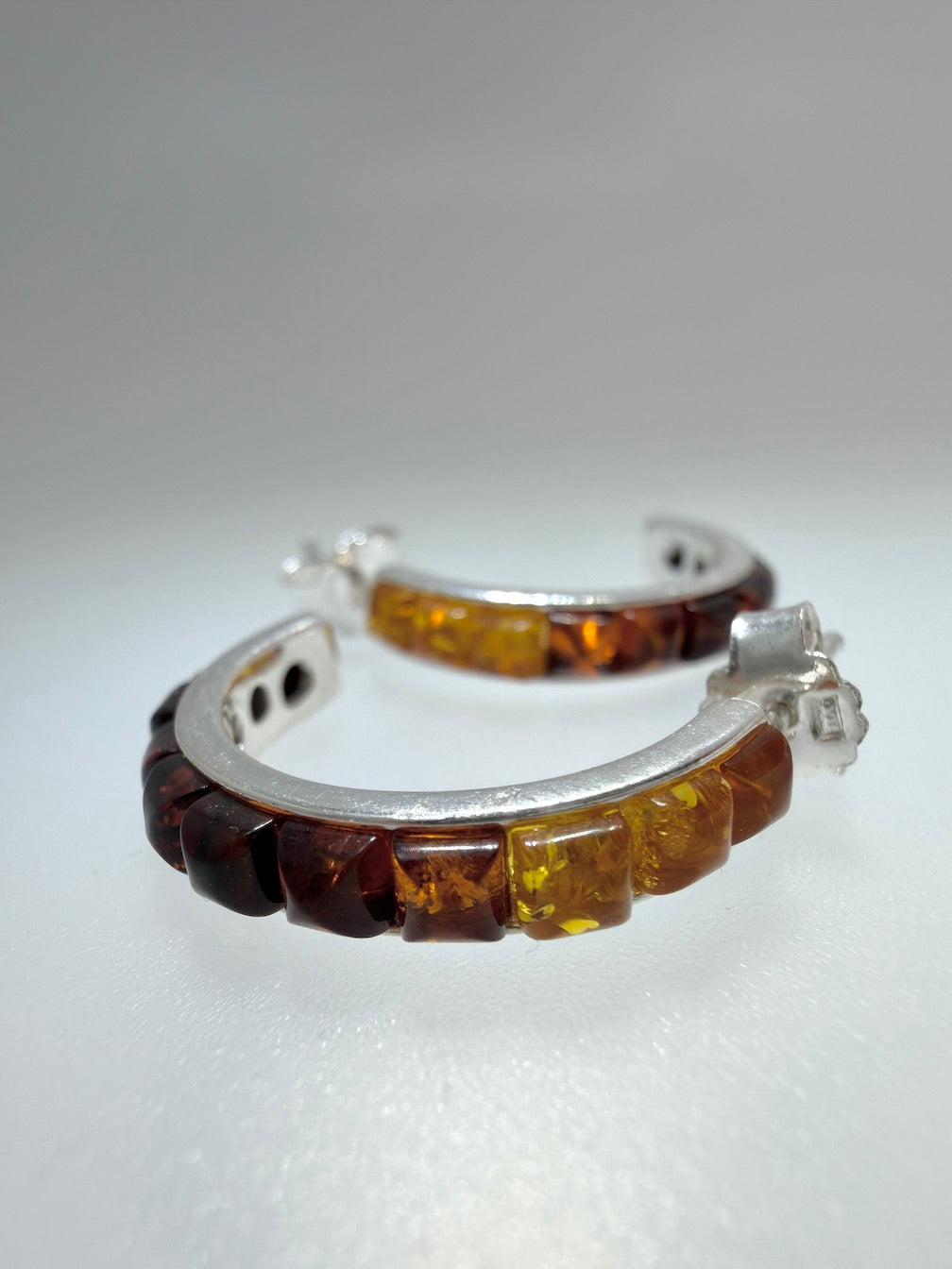 Sterling Silver & Genuine Baltic Amber Open Hoop Earrings Ombre Rainbow Color