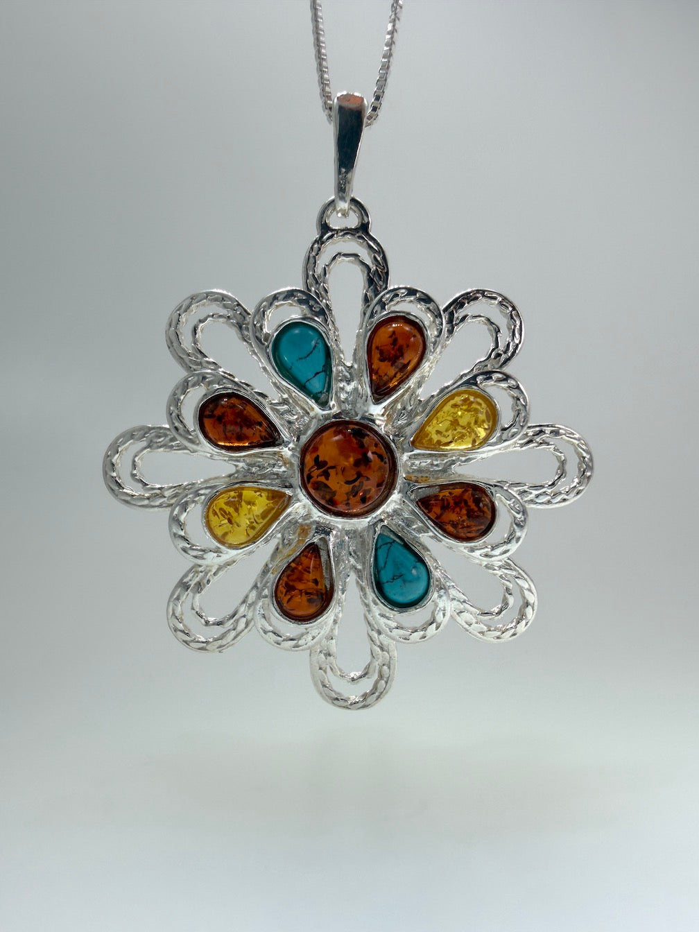 Sterling Silver & Genuine Baltic Amber Organic Pendant Necklace / Turquoise