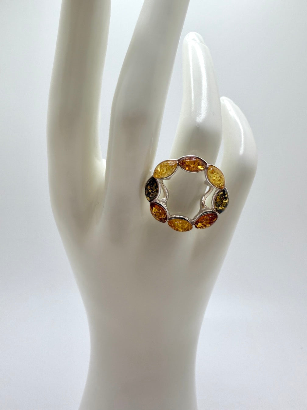 Sterling Silver & Genuine Baltic Amber Round Halo Floral Ring