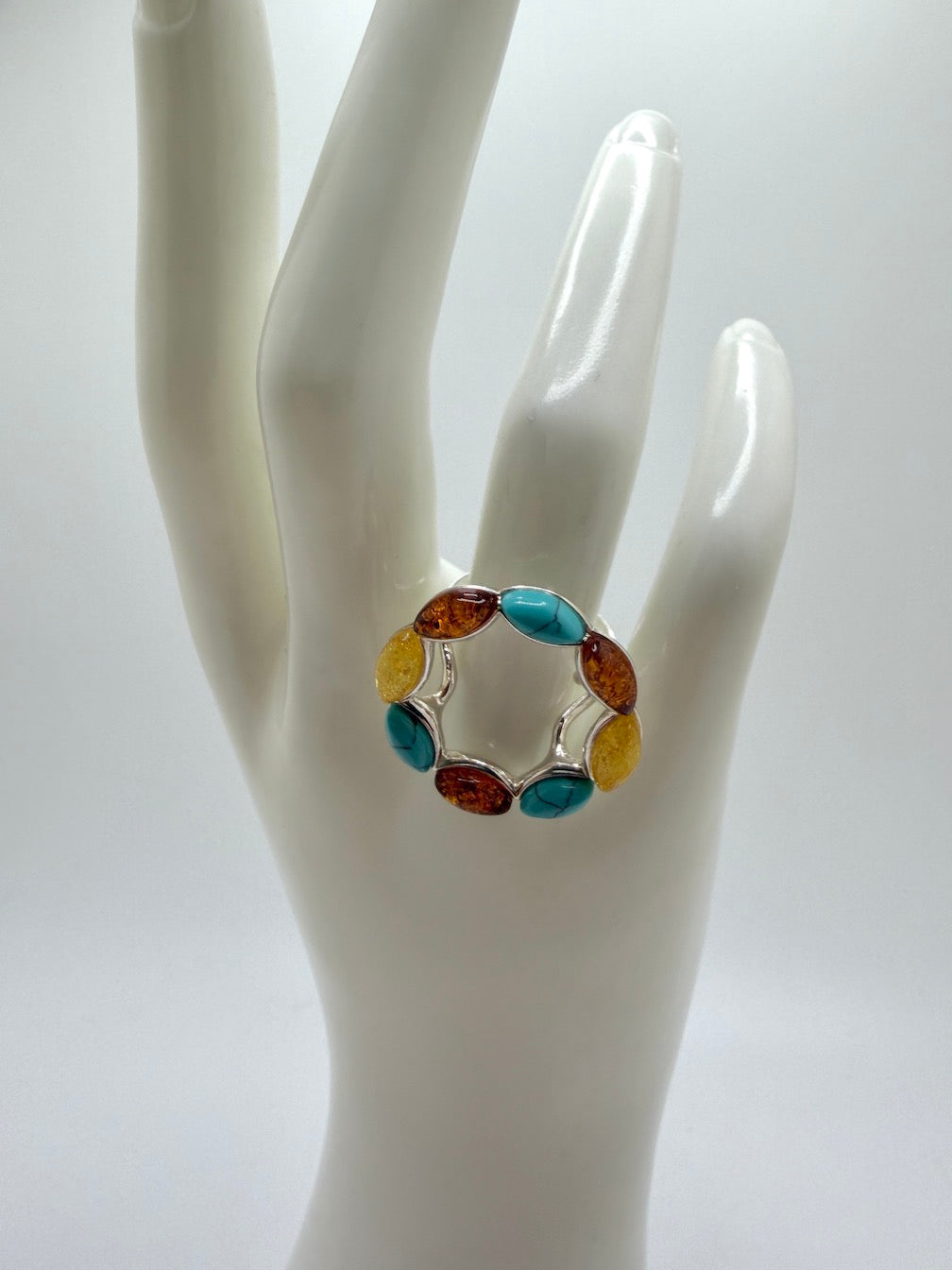 Sterling Silver & Genuine Baltic Amber Round Halo Floral Ring