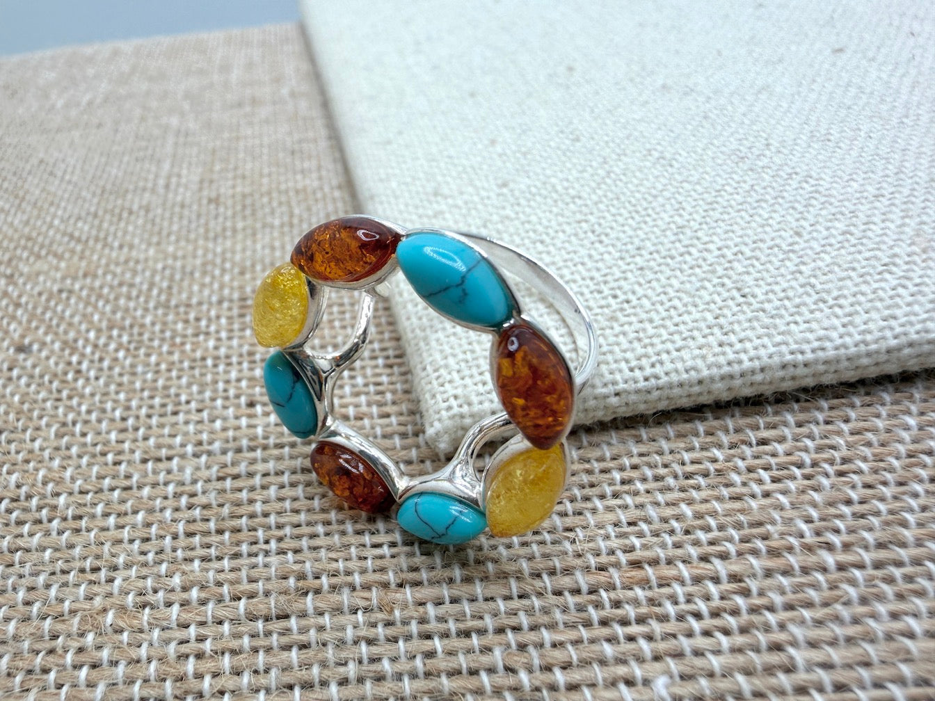 Sterling Silver & Genuine Baltic Amber Round Halo Floral Ring