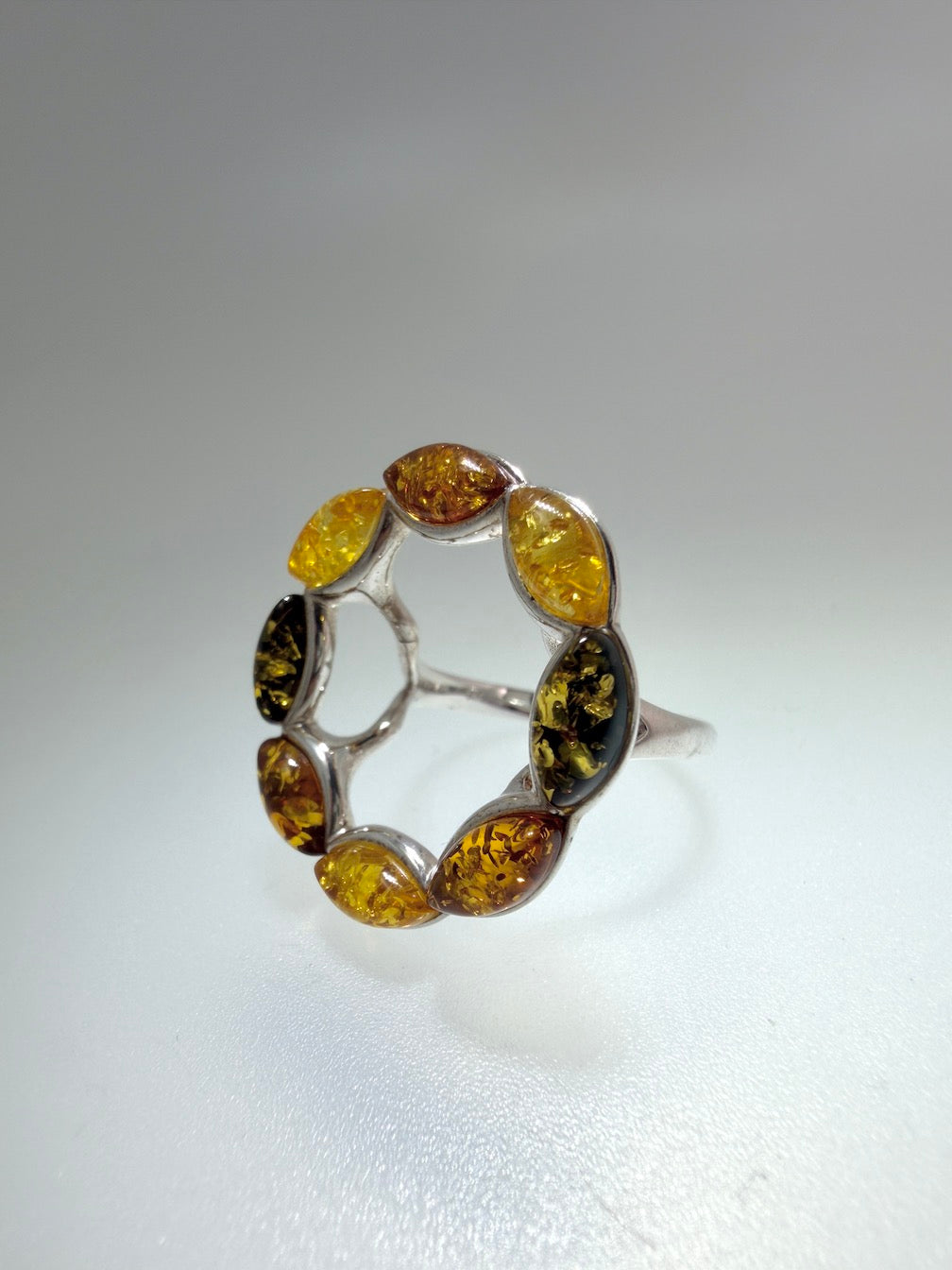 Sterling Silver & Genuine Baltic Amber Round Halo Floral Ring
