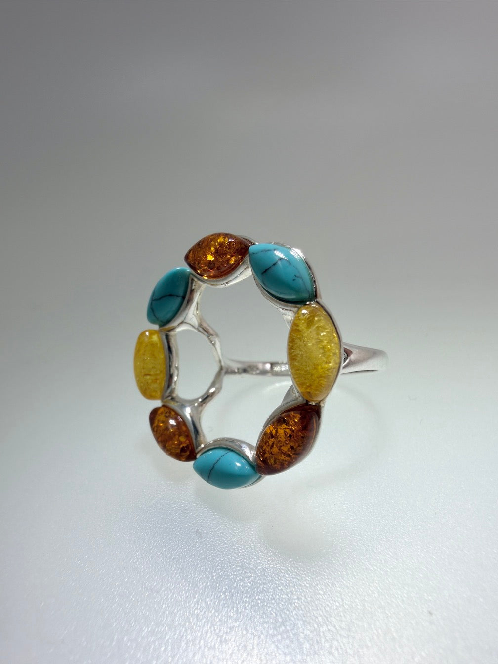 Sterling Silver & Genuine Baltic Amber Round Halo Floral Ring