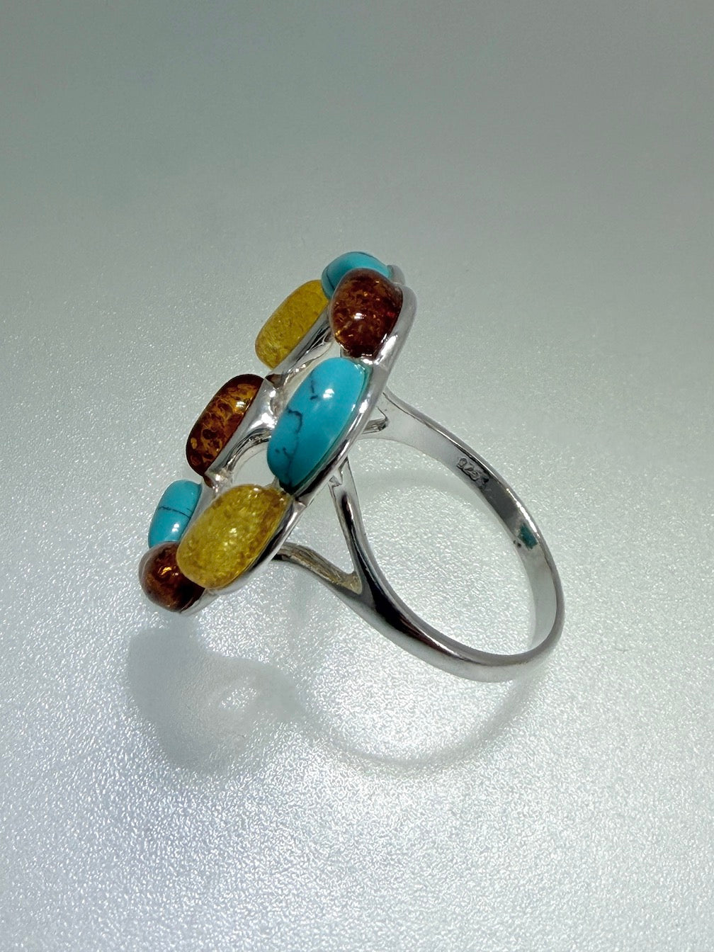 Sterling Silver & Genuine Baltic Amber Round Halo Floral Ring