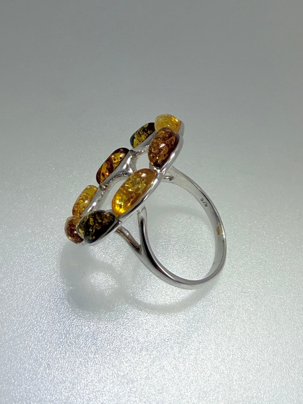 Sterling Silver & Genuine Baltic Amber Round Halo Floral Ring