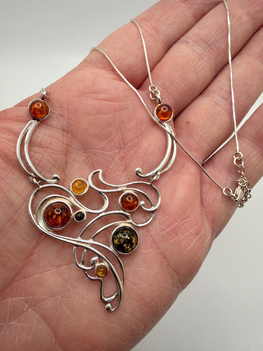 Sterling Silver & Genuine Baltic Amber Swirl Necklace