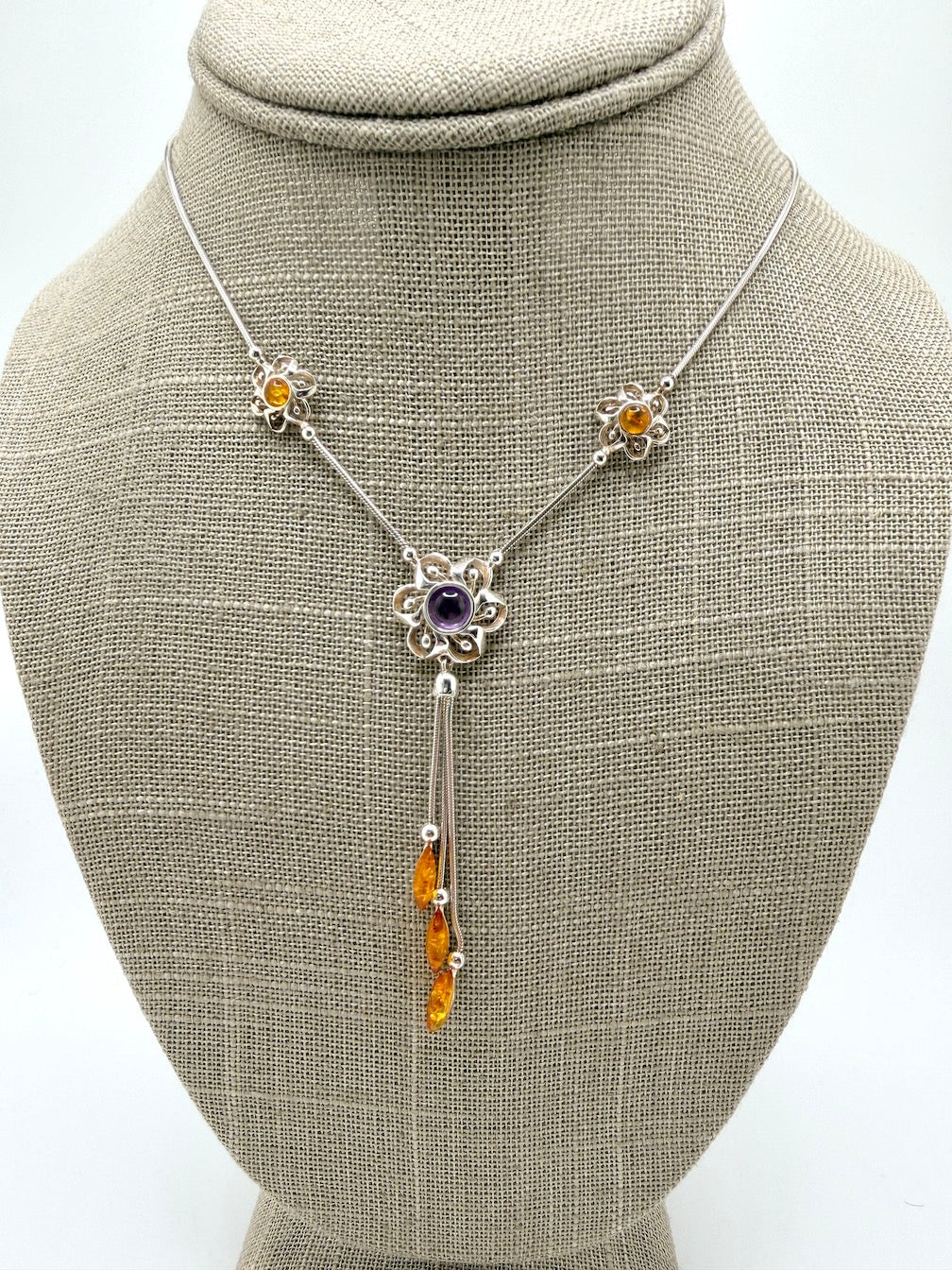 Sterling Silver, Genuine Baltic Amber & Amethyst Lariat Necklace
