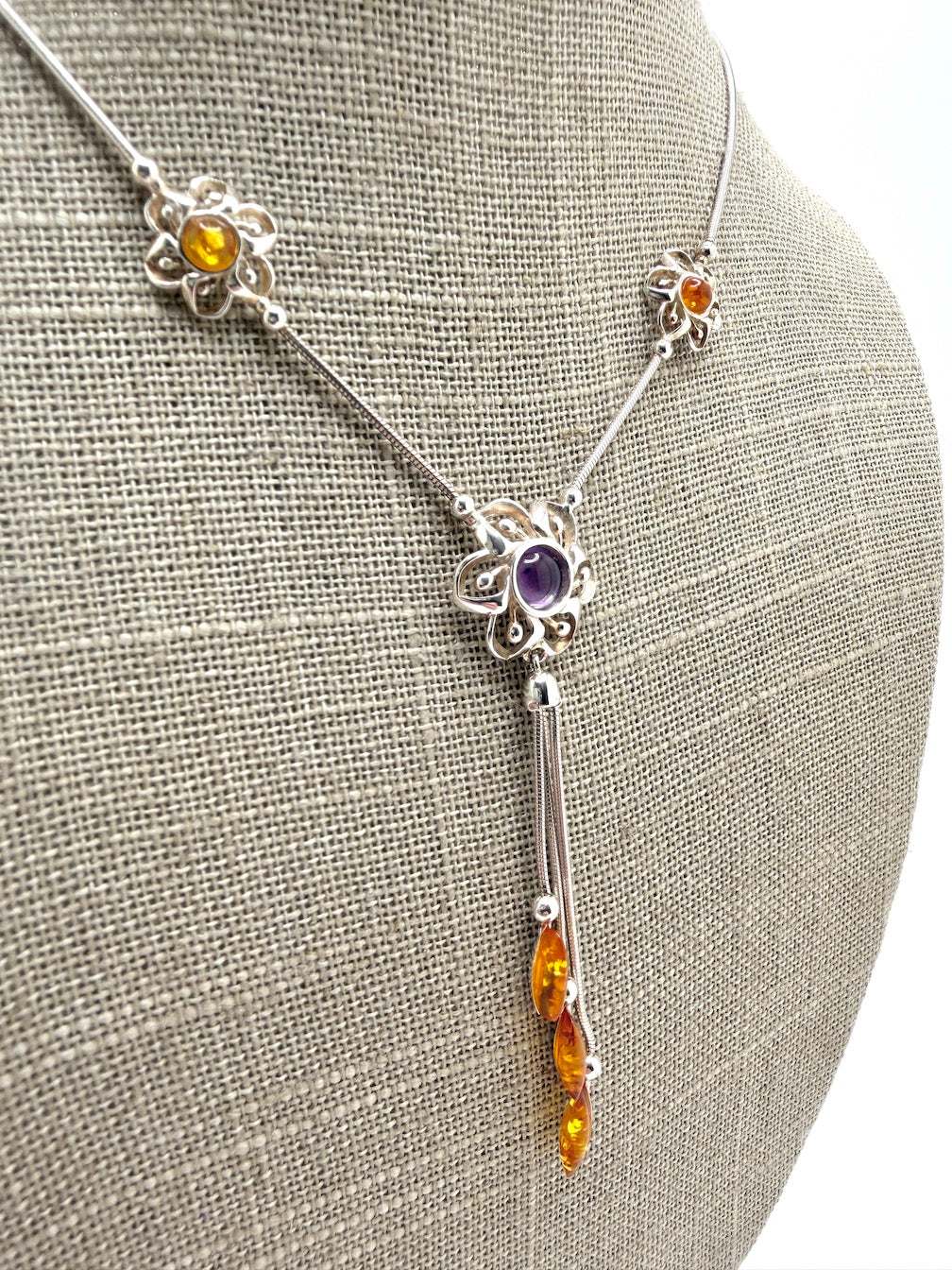 Sterling Silver, Genuine Baltic Amber & Amethyst Lariat Necklace