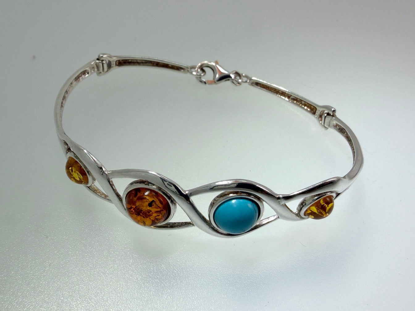 Sterling Silver, Genuine Baltic Amber & Turquoise Cuff Bracelet