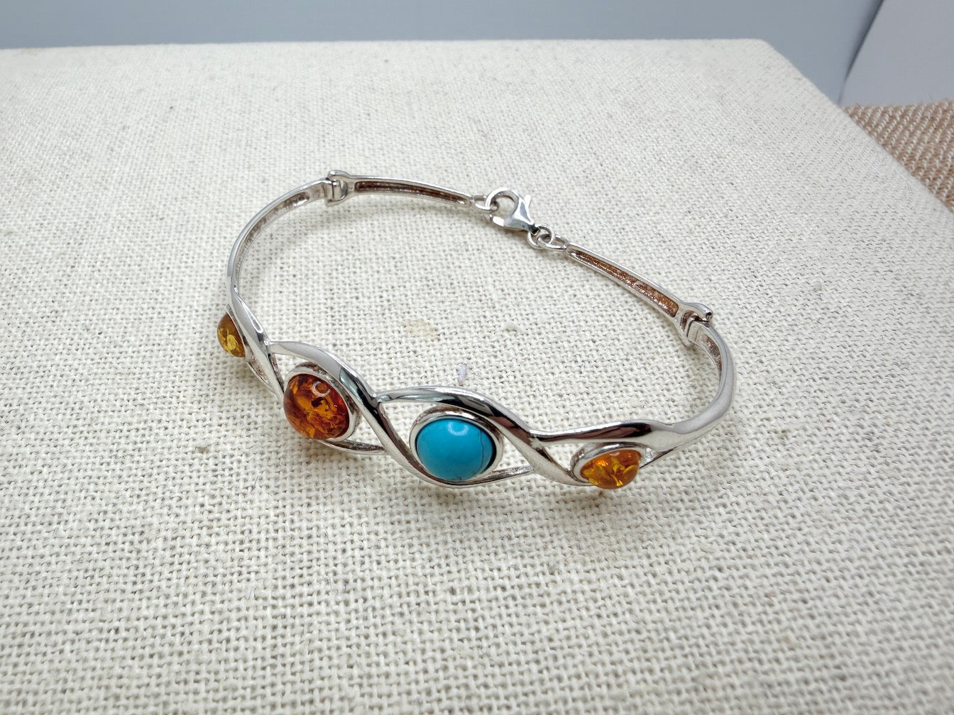 Sterling Silver, Genuine Baltic Amber & Turquoise Cuff Bracelet