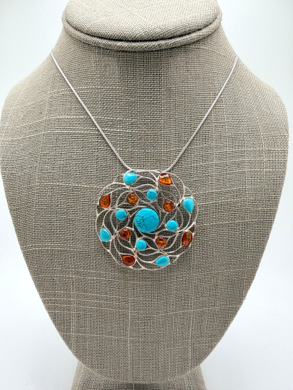 Sterling Silver, Genuine Baltic Amber & Turquoise Organic Pendant