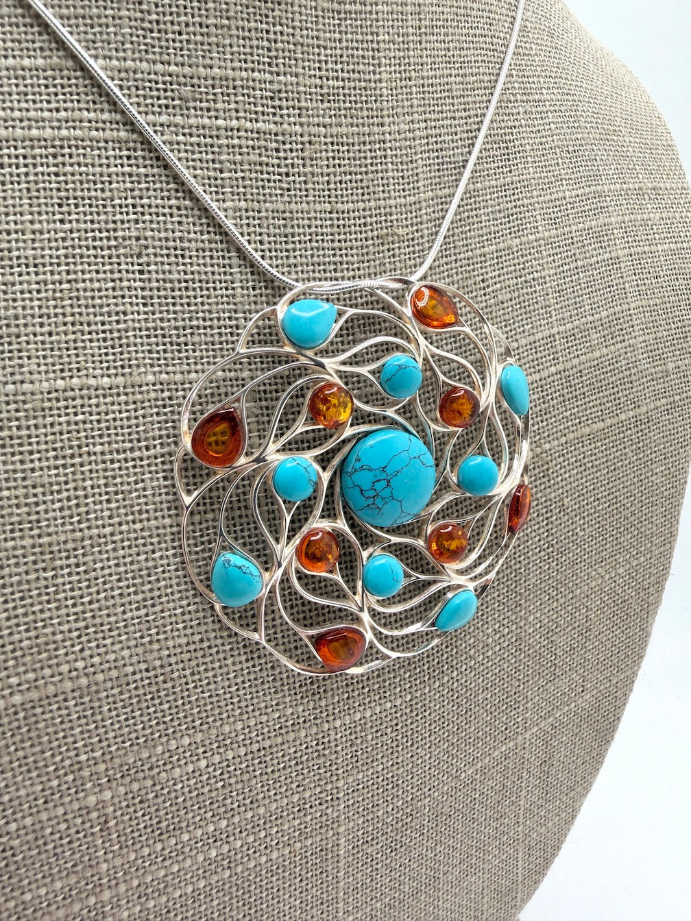 Sterling Silver, Genuine Baltic Amber & Turquoise Organic Pendant