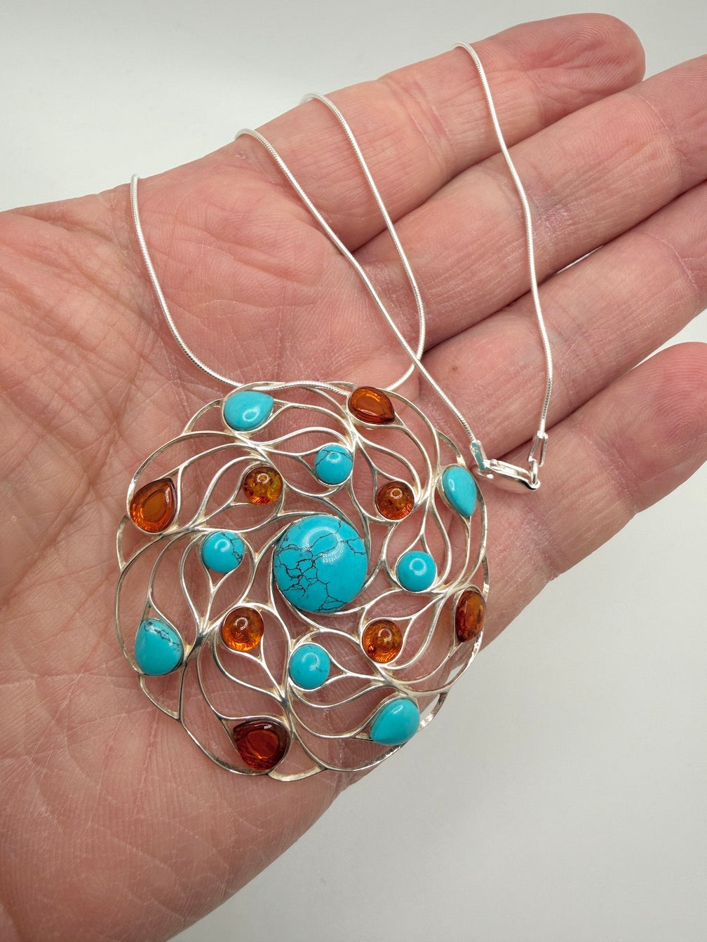 Sterling Silver, Genuine Baltic Amber & Turquoise Organic Pendant