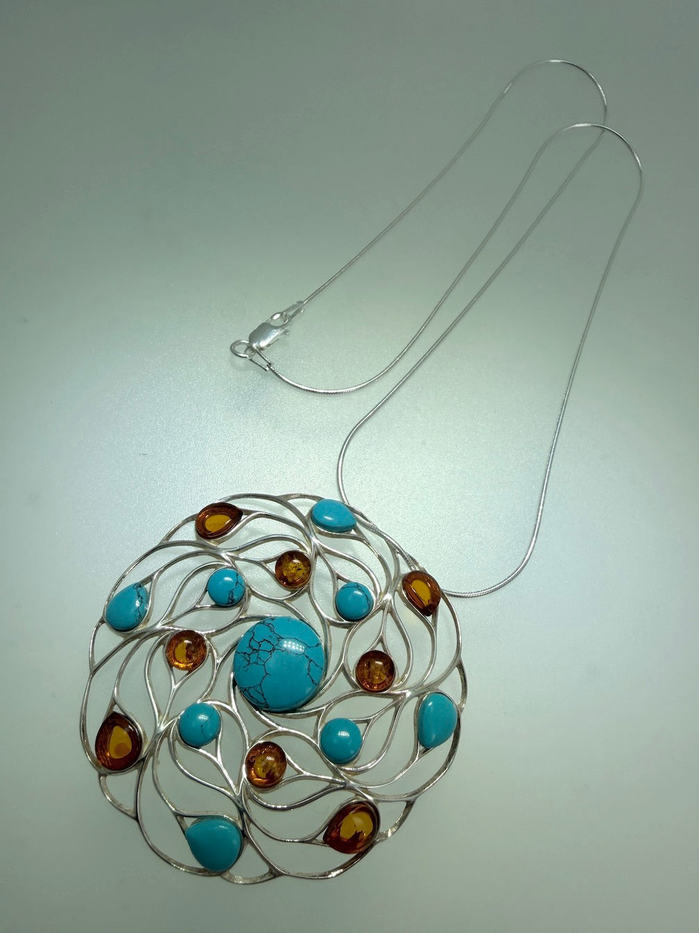 Sterling Silver, Genuine Baltic Amber & Turquoise Organic Pendant