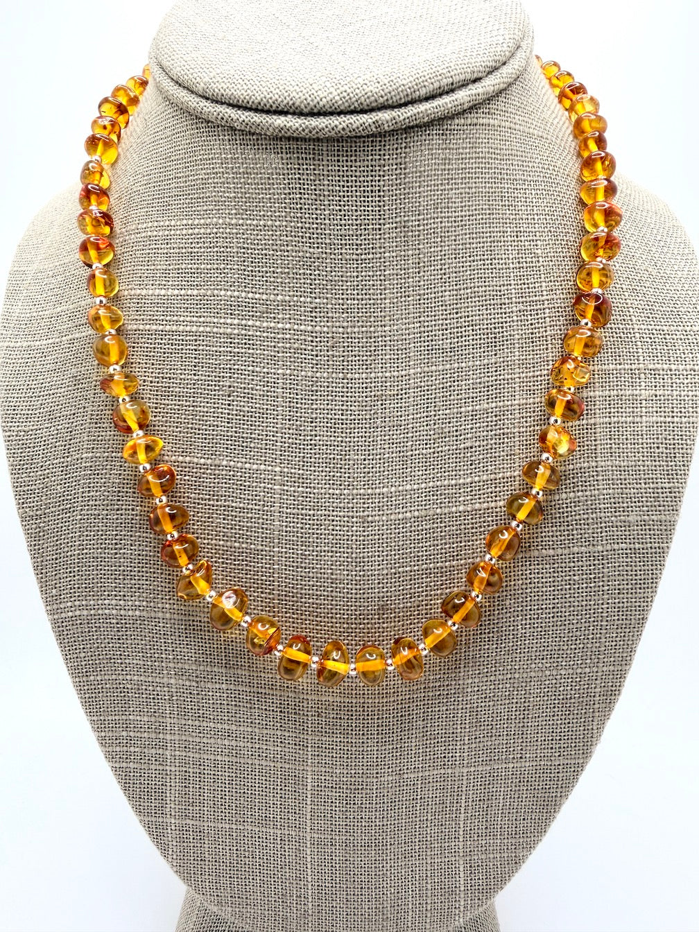 Sterling Silver & Honey Baltic Amber Bead Necklace – Graduated Amber Everyday Necklace