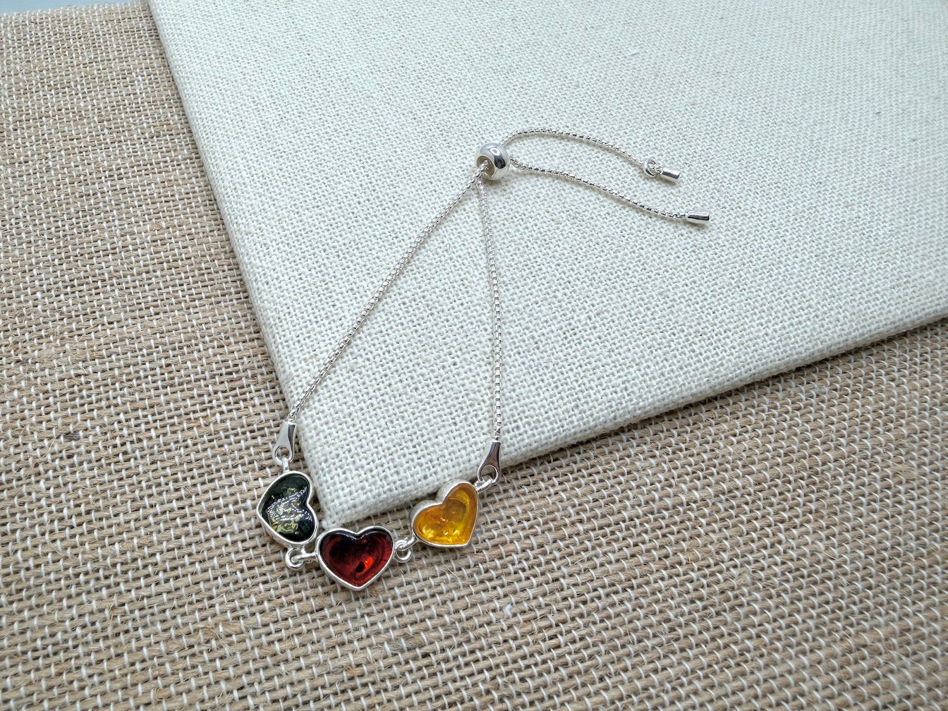 Sterling Silver & Multicolor Genuine Baltic Amber Heart Adjustable Bolo Bracelet