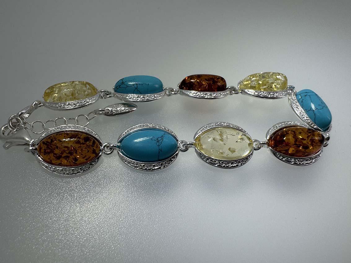 Sterling Silver Cognac & Lemon Baltic Amber with Turquoise Link Bracelet - 7"+ 1.5" Extension