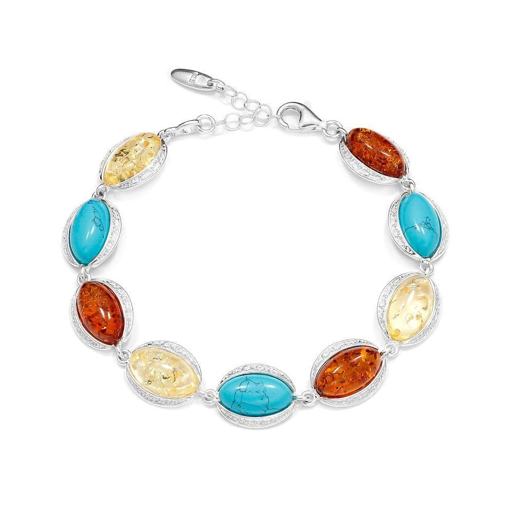 Sterling Silver Cognac & Lemon Baltic Amber with Turquoise Link Bracelet - 7"+ 1.5" Extension