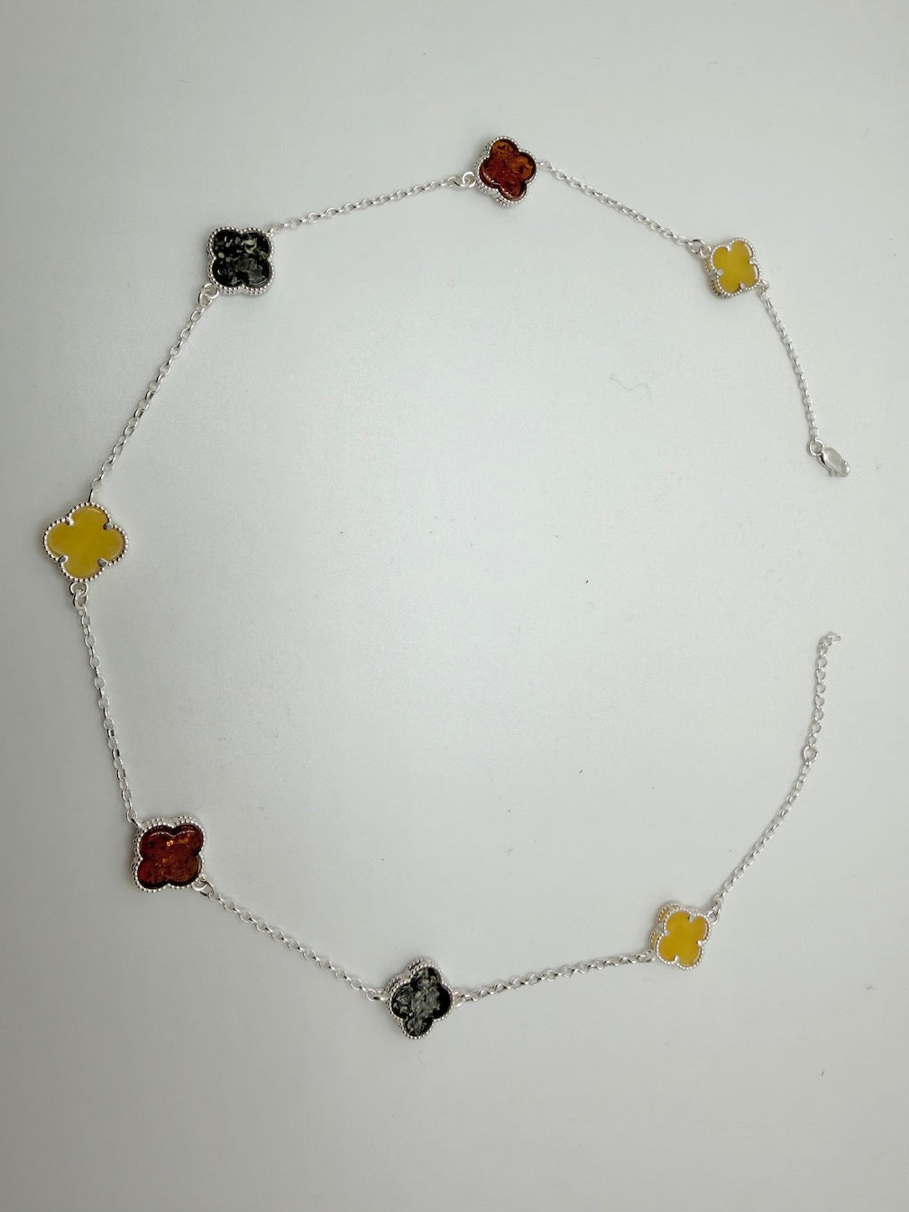 Sterling silver and multi color Baltic amber clover necklace