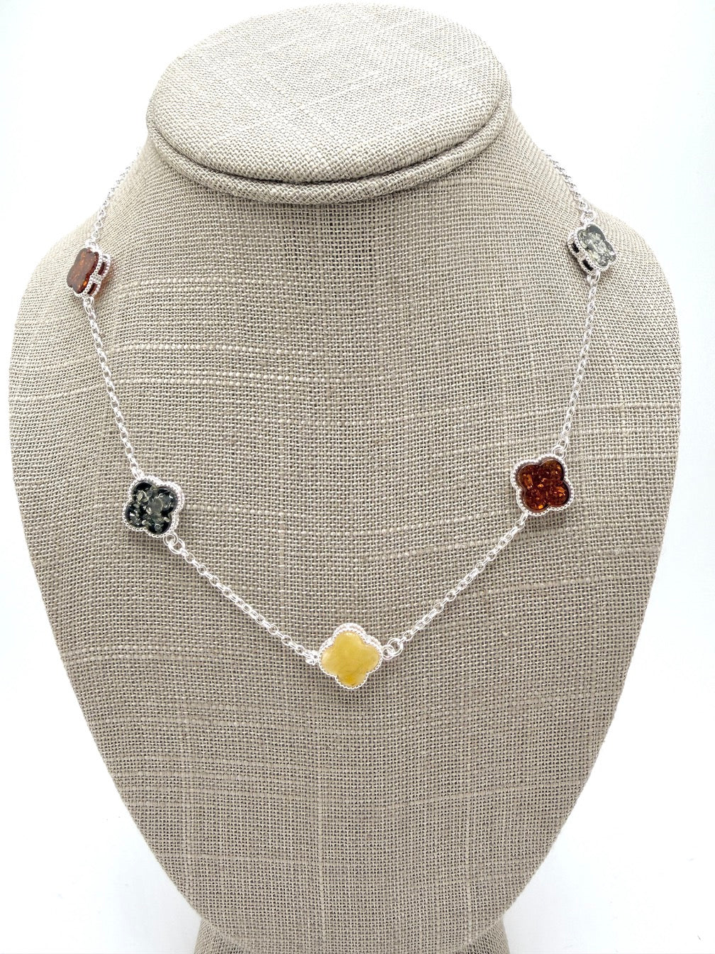 Sterling silver and multi color Baltic amber clover necklace