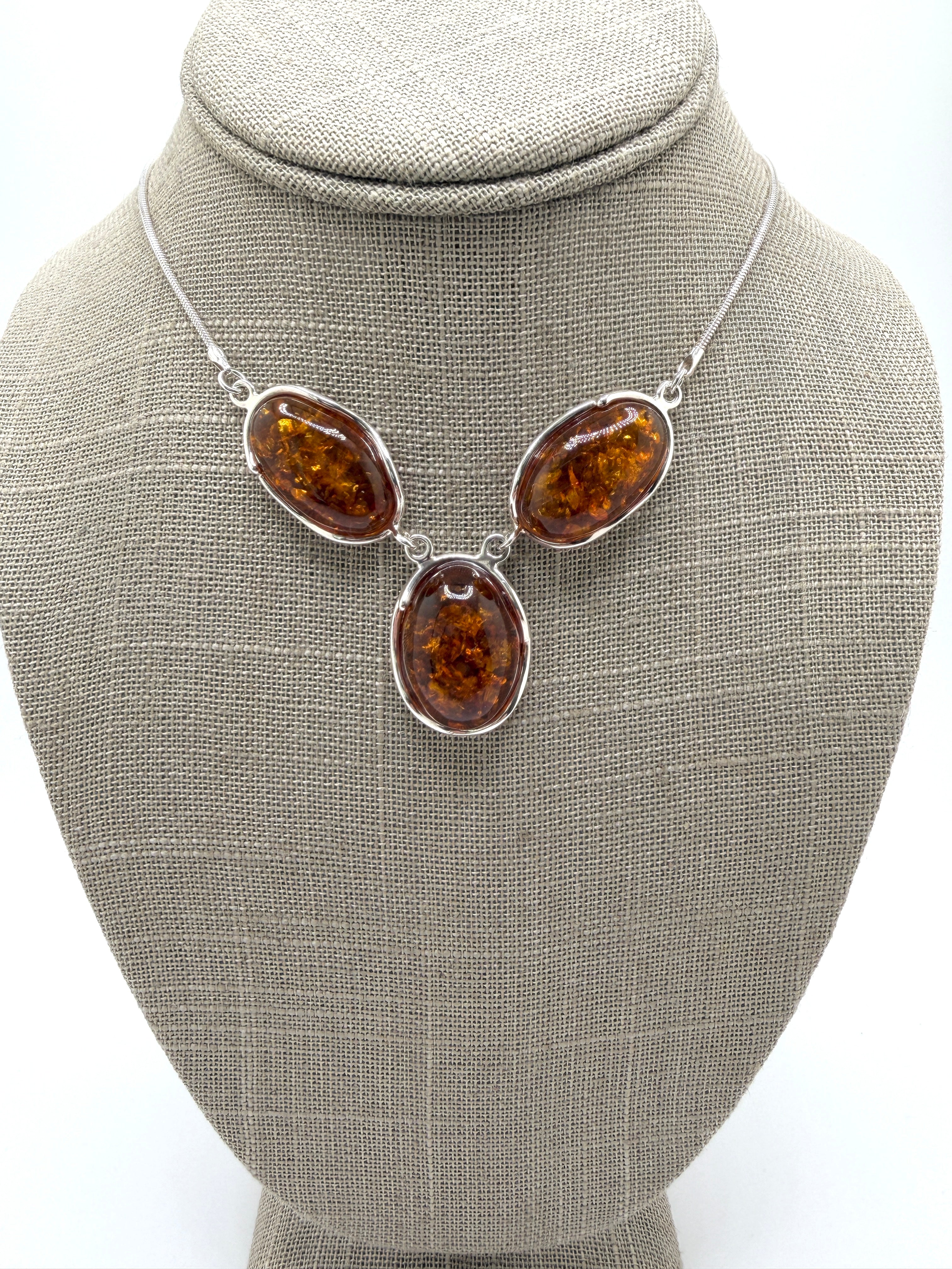 Three Stone Cognac Baltic Amber Drop Necklace – Sterling Silver Triple Oval Pendant on Thick Snake Chain – Handmade European Amber Jewelry