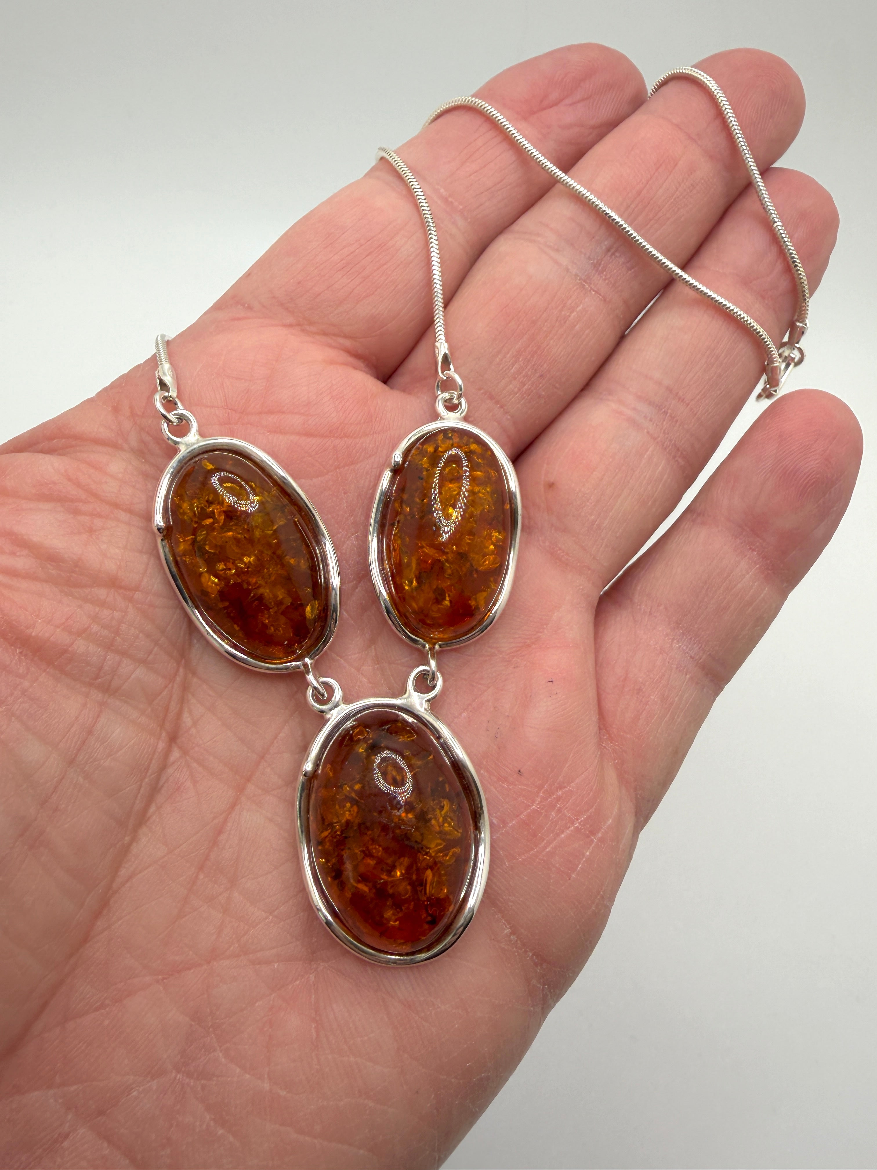 Three Stone Cognac Baltic Amber Drop Necklace – Sterling Silver Triple Oval Pendant on Thick Snake Chain – Handmade European Amber Jewelry