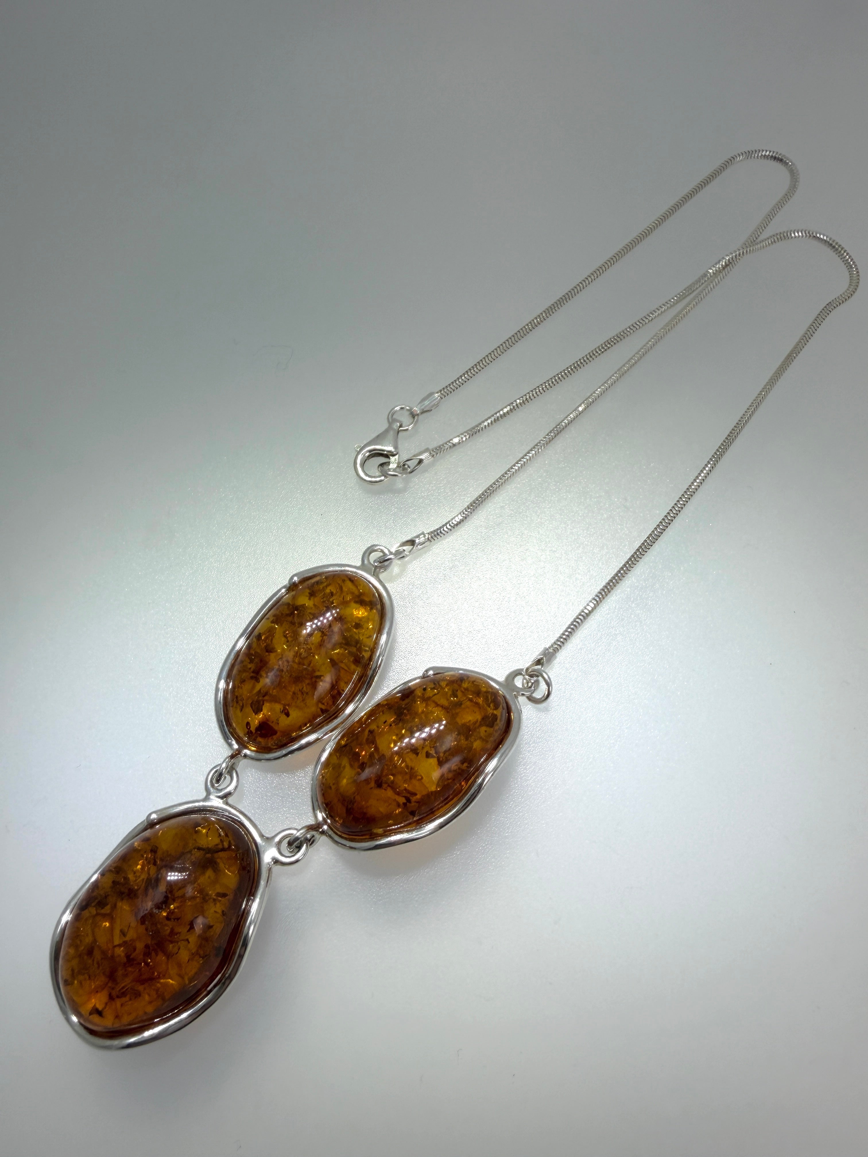 Three Stone Cognac Baltic Amber Drop Necklace – Sterling Silver Triple Oval Pendant on Thick Snake Chain – Handmade European Amber Jewelry