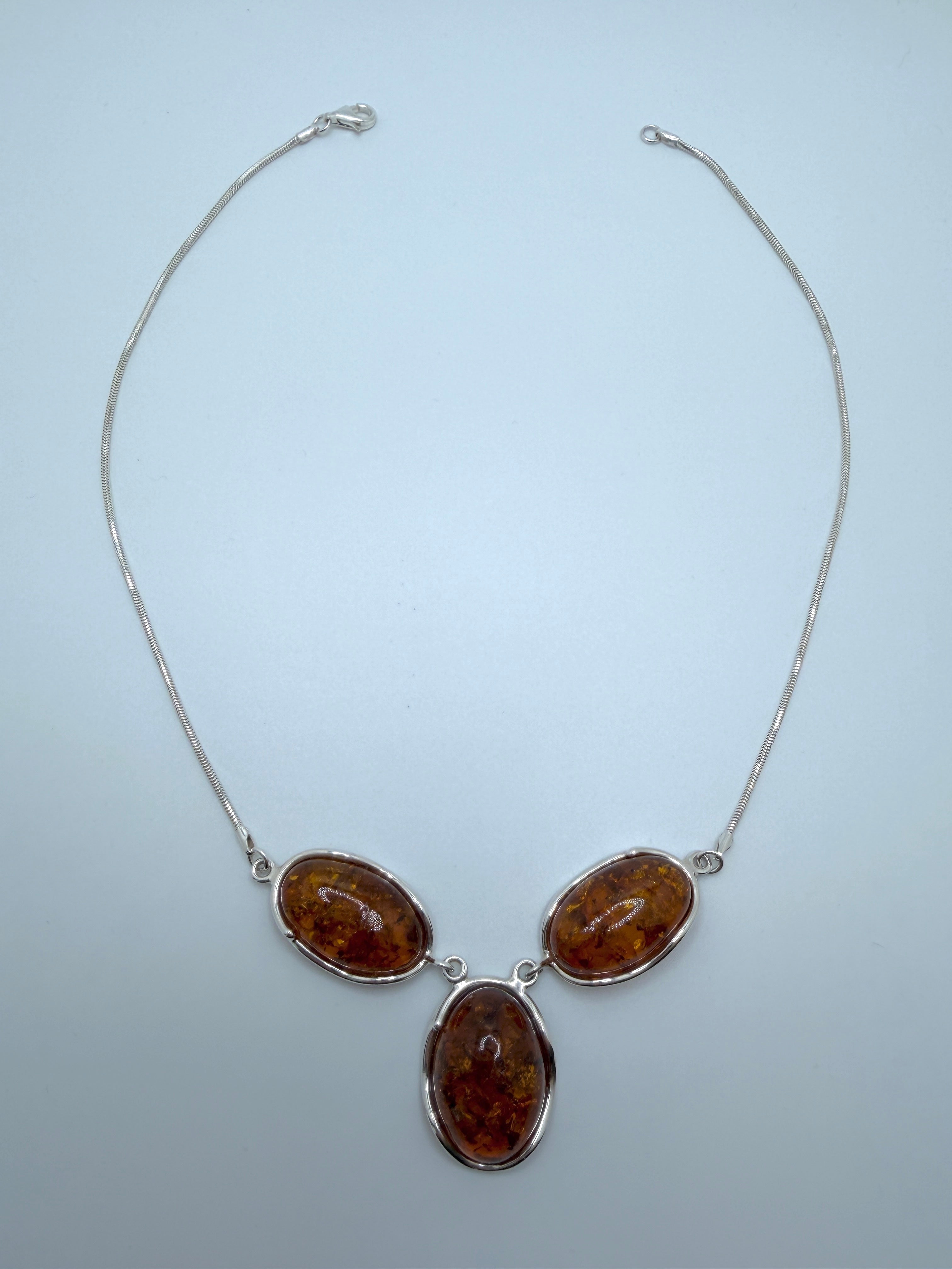 Three Stone Cognac Baltic Amber Drop Necklace – Sterling Silver Triple Oval Pendant on Thick Snake Chain – Handmade European Amber Jewelry