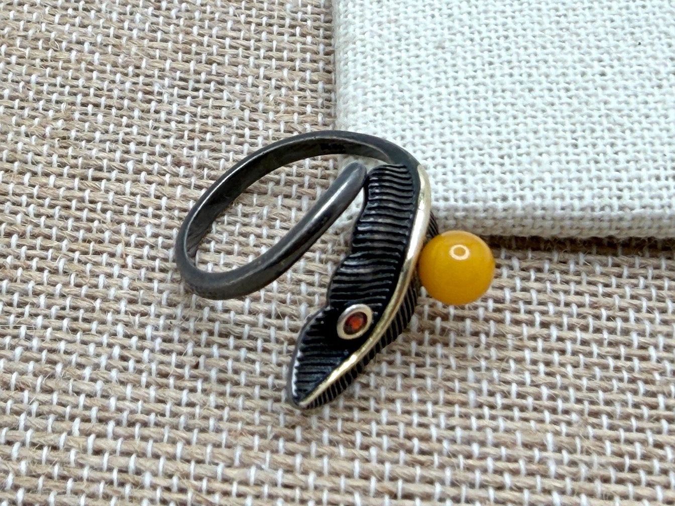 Two-Tone Sterling Silver & Butterscotch Baltic Amber Rings • Organic & Leaf Designs • Adjustable Open Shank