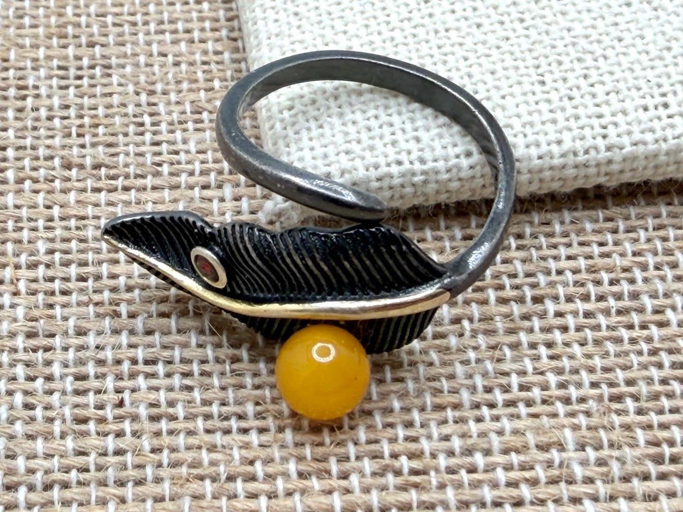 Two-Tone Sterling Silver & Butterscotch Baltic Amber Rings • Organic & Leaf Designs • Adjustable Open Shank