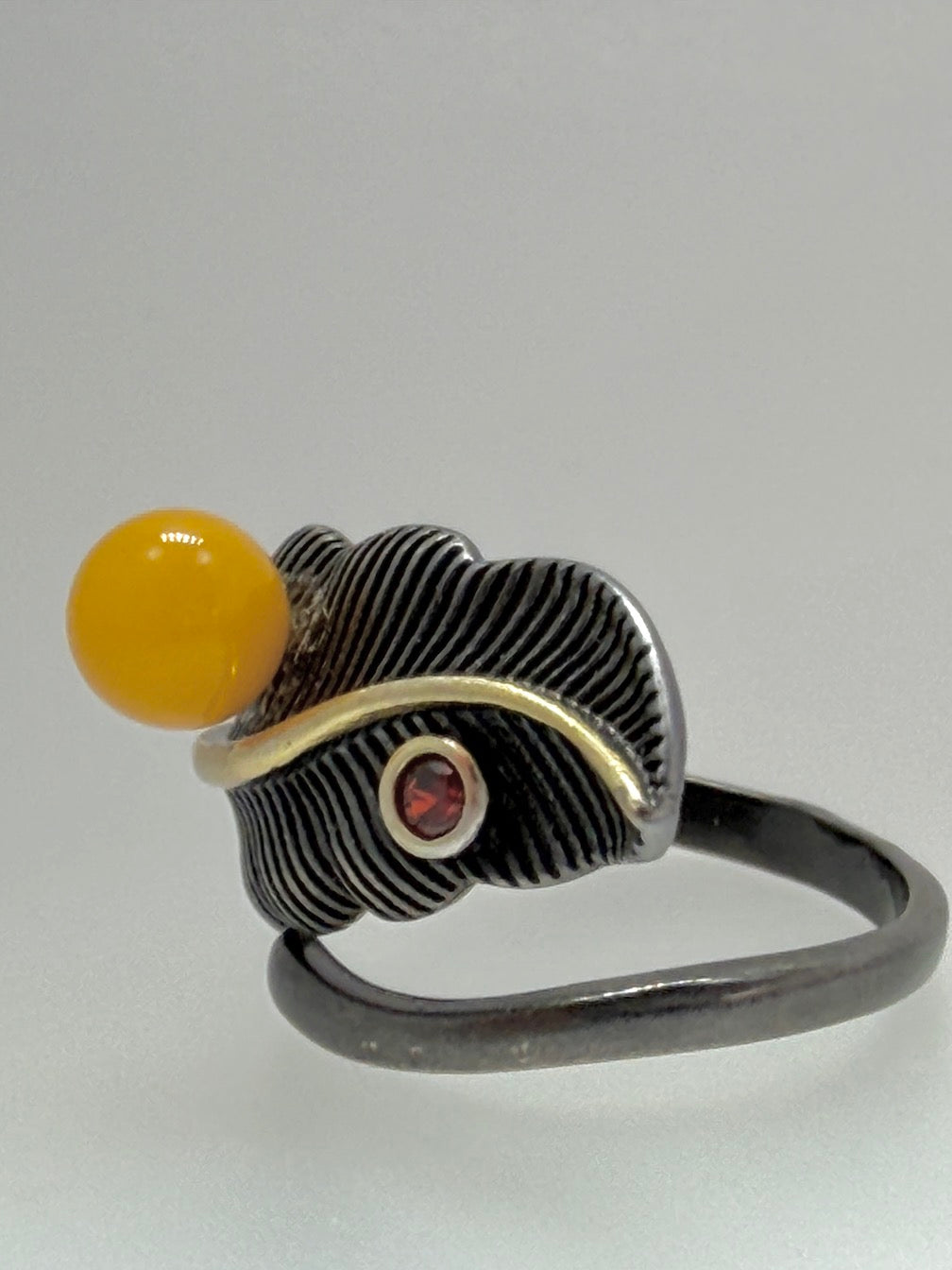 Two-Tone Sterling Silver & Butterscotch Baltic Amber Rings • Organic & Leaf Designs • Adjustable Open Shank
