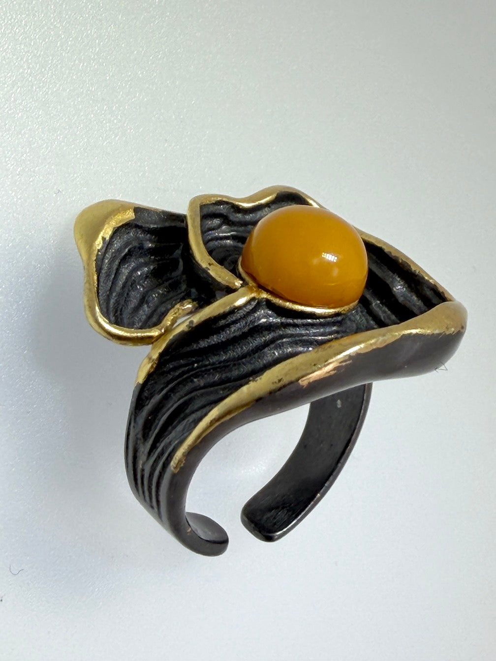 Two-Tone Sterling Silver & Butterscotch Baltic Amber Rings • Organic & Leaf Designs • Adjustable Open Shank