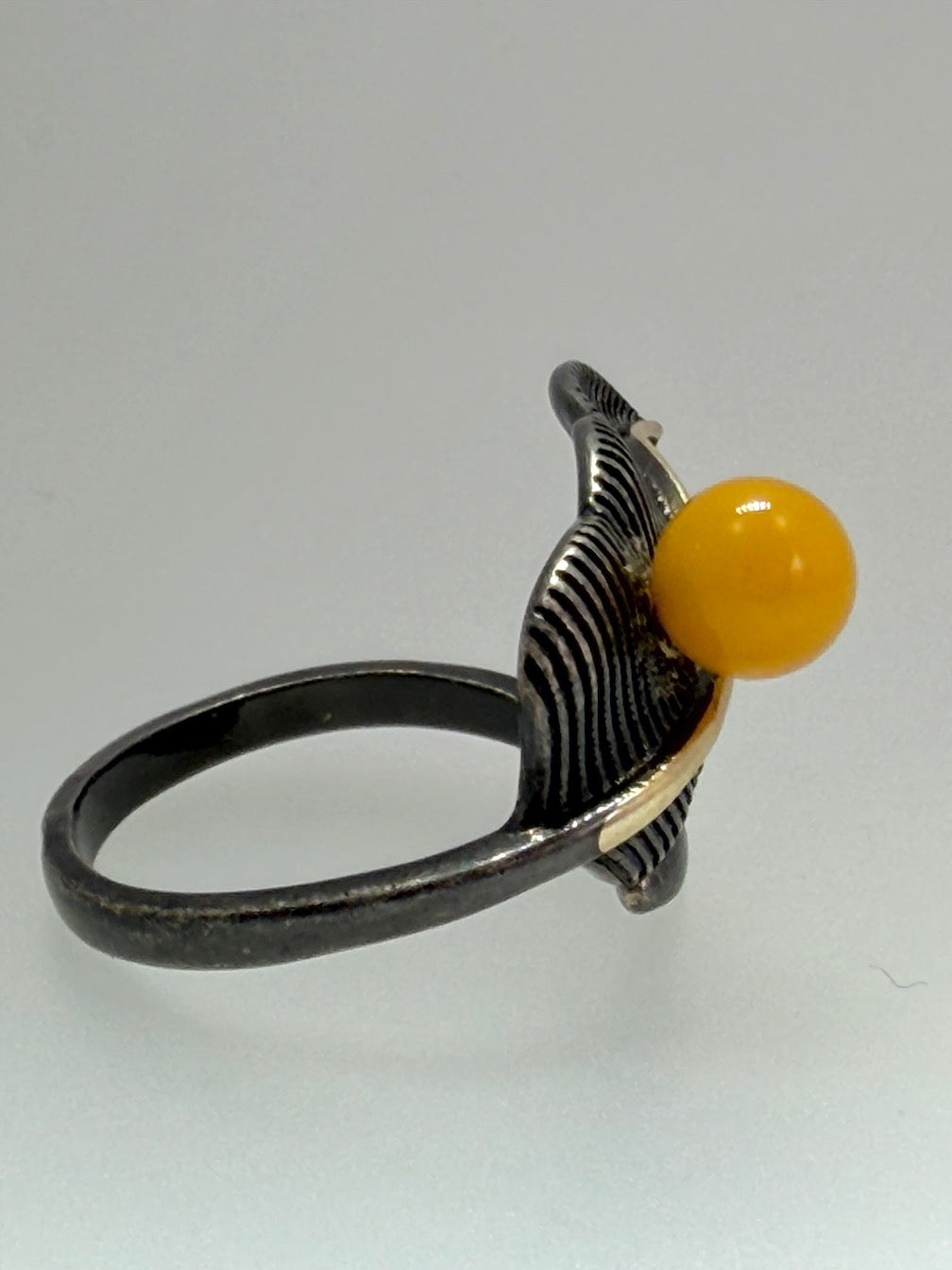 Two-Tone Sterling Silver & Butterscotch Baltic Amber Rings • Organic & Leaf Designs • Adjustable Open Shank