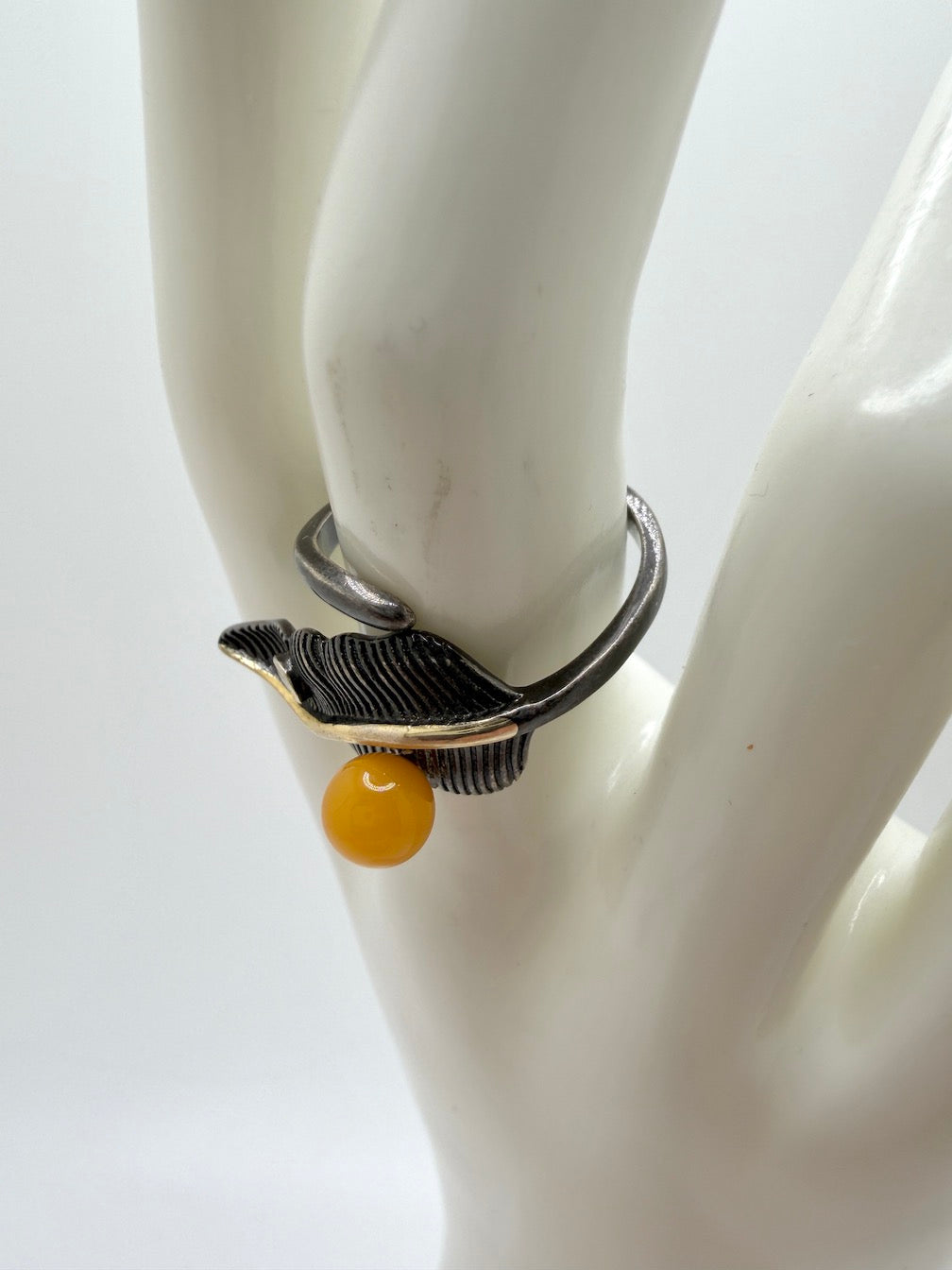 Two-Tone Sterling Silver & Butterscotch Baltic Amber Rings • Organic & Leaf Designs • Adjustable Open Shank