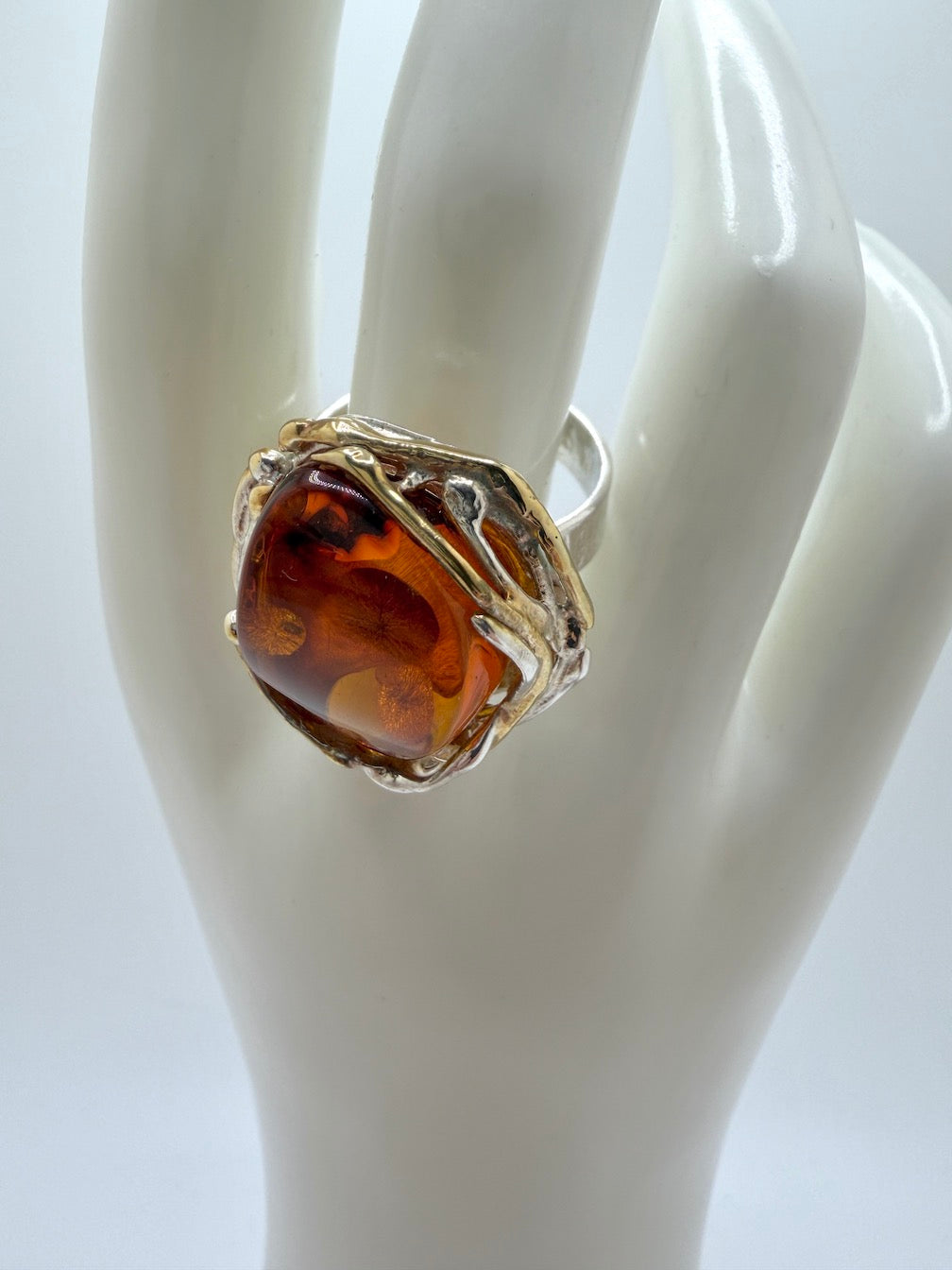 Two-Tone Sterling Silver & Genuine Baltic Amber Statement Ring