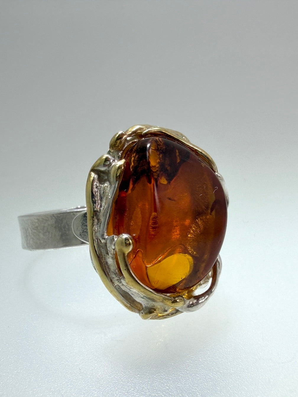 Two-Tone Sterling Silver & Genuine Baltic Amber Statement Ring