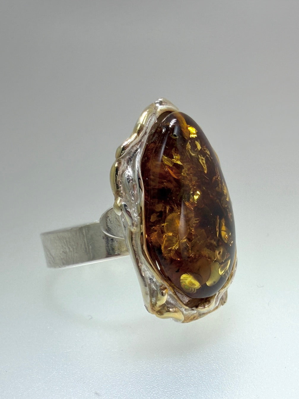 Two-Tone Sterling Silver & Genuine Baltic Amber Statement Ring