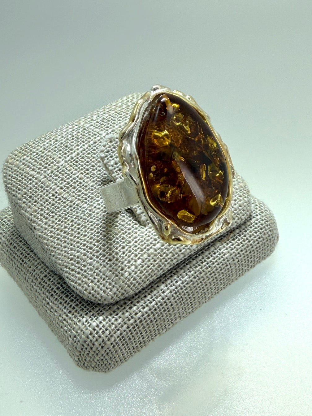 Two-Tone Sterling Silver & Genuine Baltic Amber Statement Ring