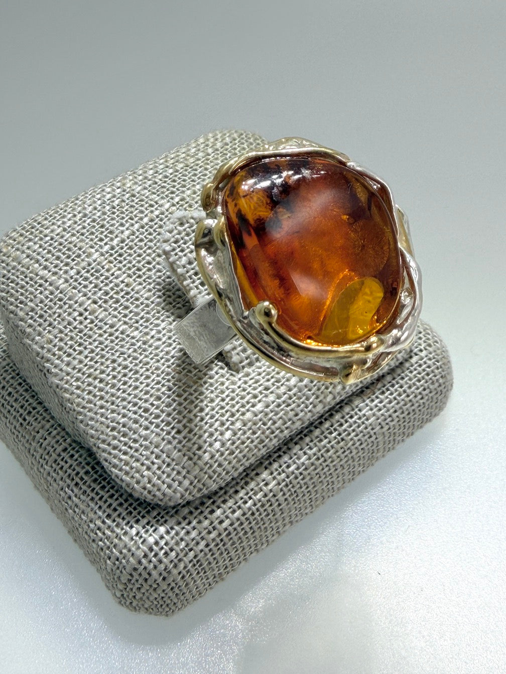 Two-Tone Sterling Silver & Genuine Baltic Amber Statement Ring