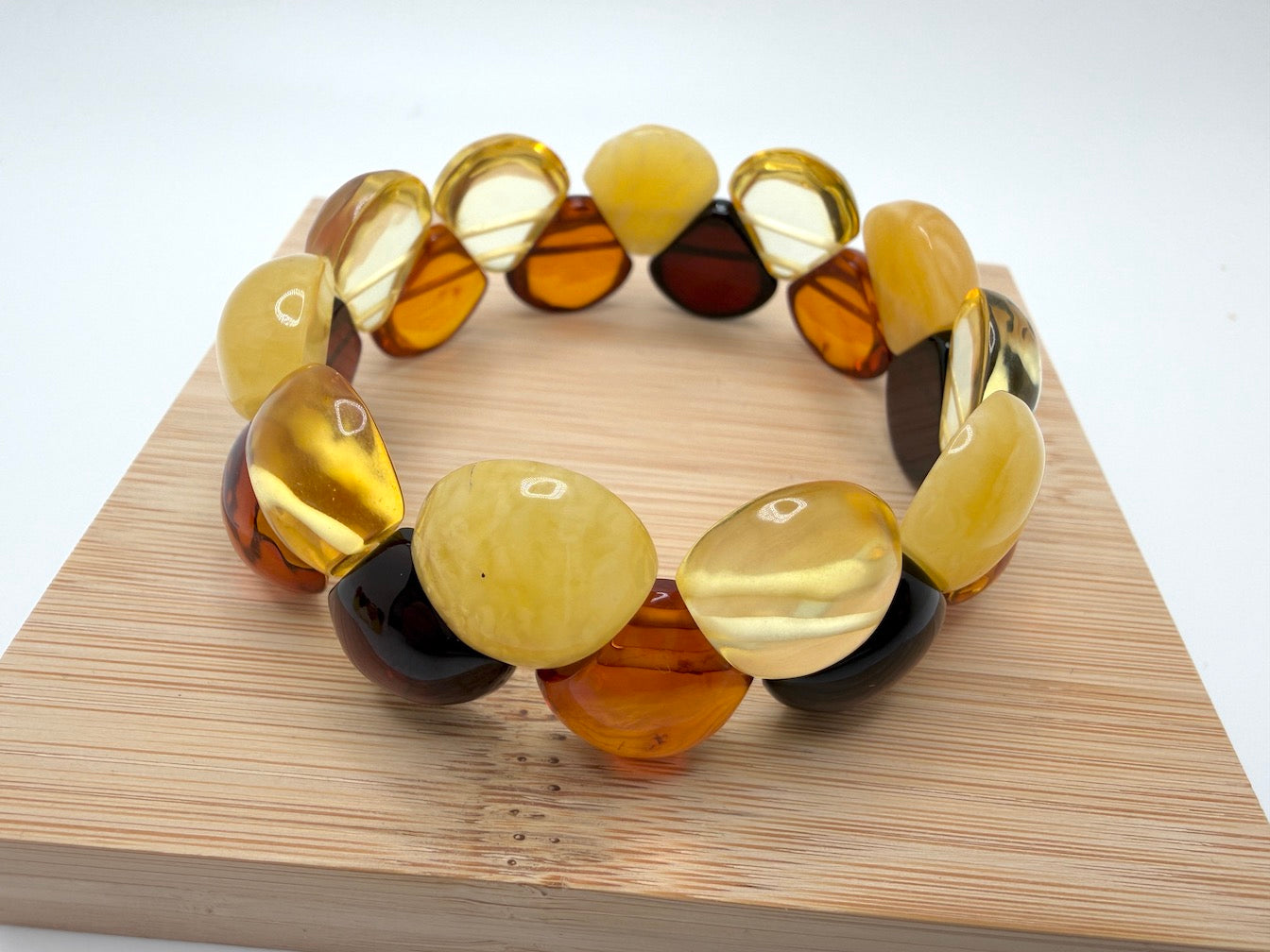 Two Row Multicolor Baltic Amber Stretch Bracelet – Perfectly Polished Teardrop Stones – Lemon, Cherry, Butterscotch & Honey